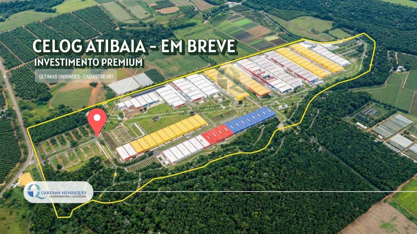 Planta de implantação do CELOG Atibaia — 152 galpões, vias de acesso, estacionamentos para carretas e autos, área construída 153.255 m² — Quaresma Henriques Incorporadora