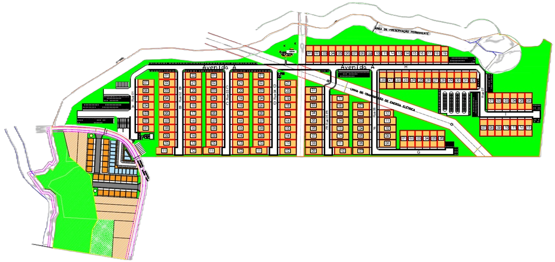 Planta de implantação do CELOG Atibaia — 152 galpões, vias de acesso, estacionamentos para carretas e autos, área construída 153.255 m² — Quaresma Henriques Incorporadora